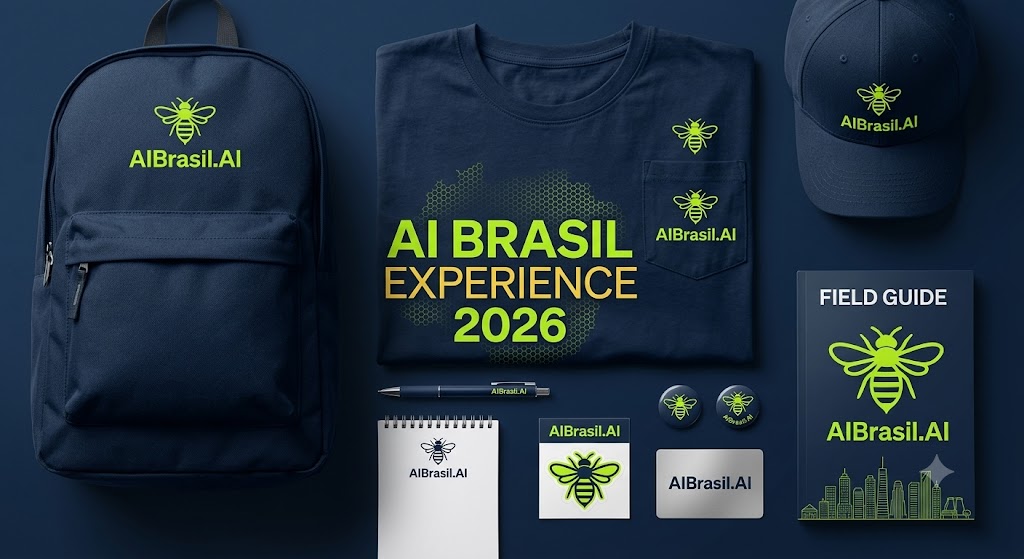 Composição ilustrativa do kit CStaff: mochila, camiseta, boné, caderno, botons e guia